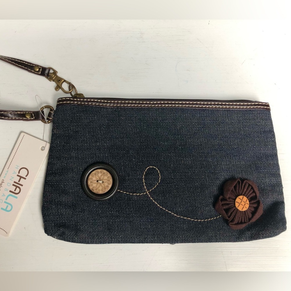 NWT Chala Denim Flower Button Trim Wristlet